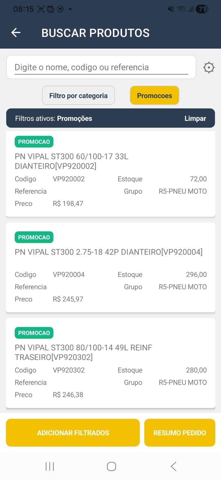 Tela de busca de produtos, estoque e promoções no NapisForce