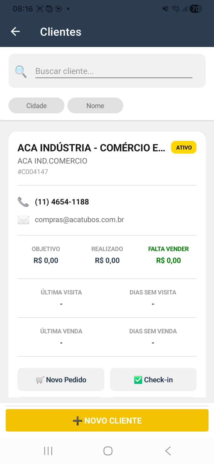 Tela de carteira de clientes do aplicativo NapisForce
