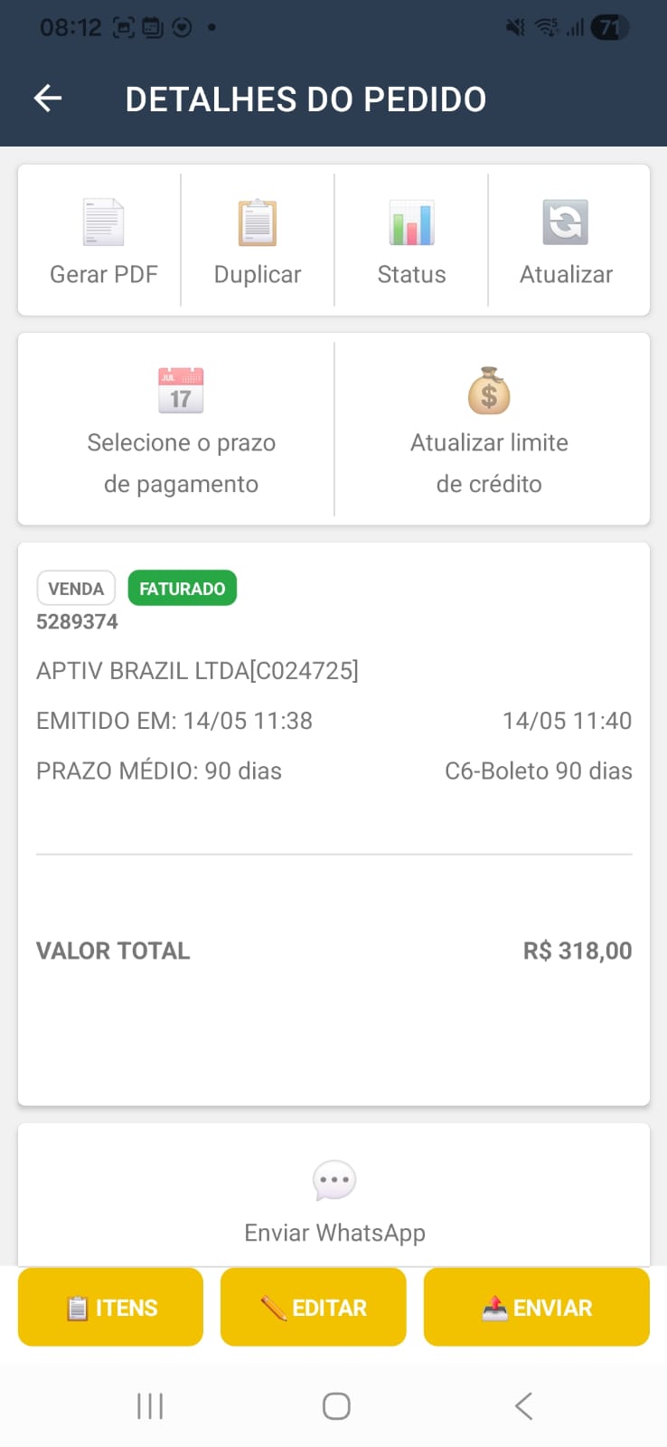 Tela de detalhes de pedido integrado no NapisForce